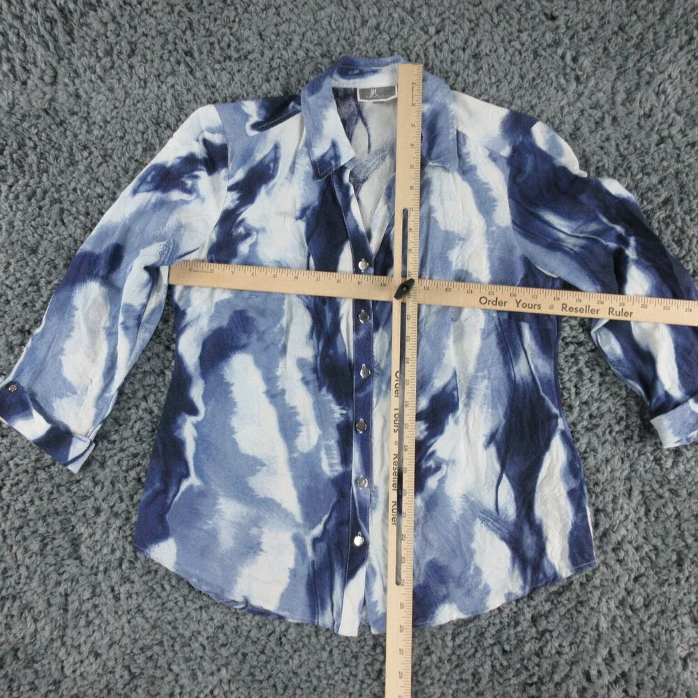JM Collection Shirt Womens 6 Blue White Linen Blend 3/4 Sleeve Button Up